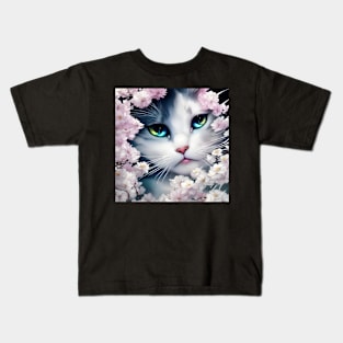 White Kitten surrounded by Pink Flowers | White, grey and blue cat with blue and yellow eyes | Digital art Sticker Kids T-Shirt